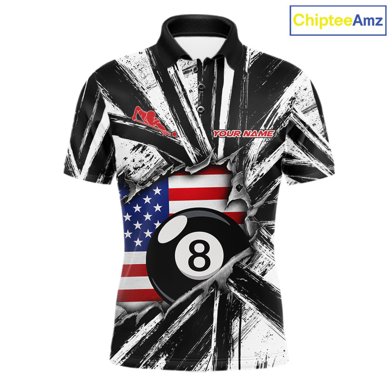 Black And White Grunge Billiard Polo Shirt For Men, Torn US Flag 8 Ball Pool Jersey, Patriotic Billiards Apparel