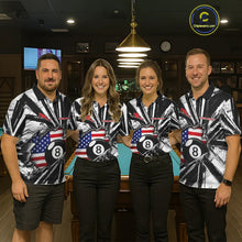 Load image into Gallery viewer, Men women billiard team wearing Black White Grunge patriotic pool uniforms