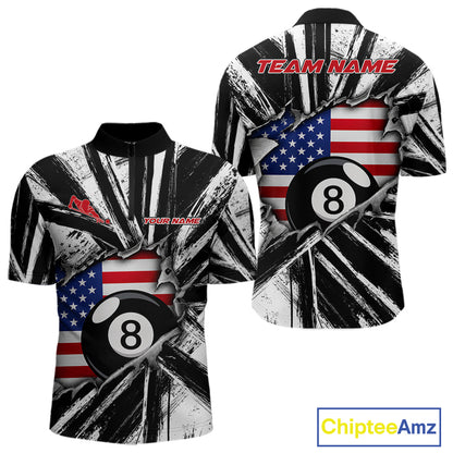Black And White Grunge Billiard Quarter-Zip Shirt For Men, Torn American Flag Pool Team Uniform