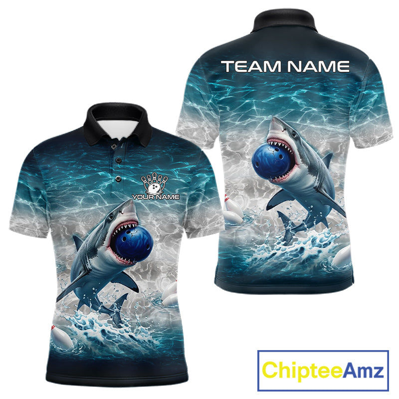 Blue Waving Funny Shark Bowling Polo Quarter-Zip Shirts For Men Custom Shark Bowling Team Jersey NYN4249