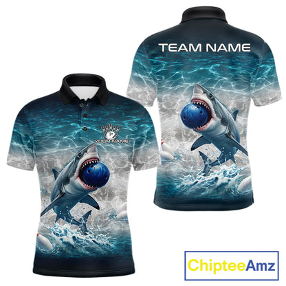 Blue Waving Funny Shark Bowling Polo Quarter-Zip Shirts For Men Custom Shark Bowling Team Jersey NYN4249