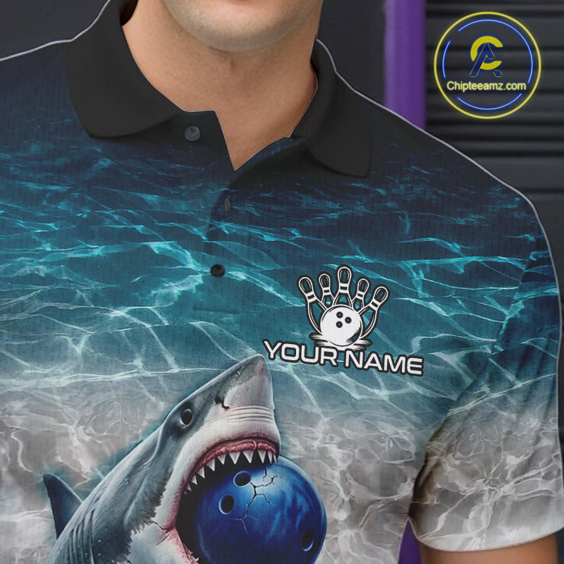 Blue Waving Funny Shark Bowling Polo Quarter-Zip Shirts For Men Custom Shark Bowling Team Jersey NYN4249