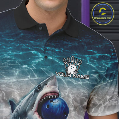 Blue Waving Funny Shark Bowling Polo Quarter-Zip Shirts For Men Custom Shark Bowling Team Jersey NYN4249