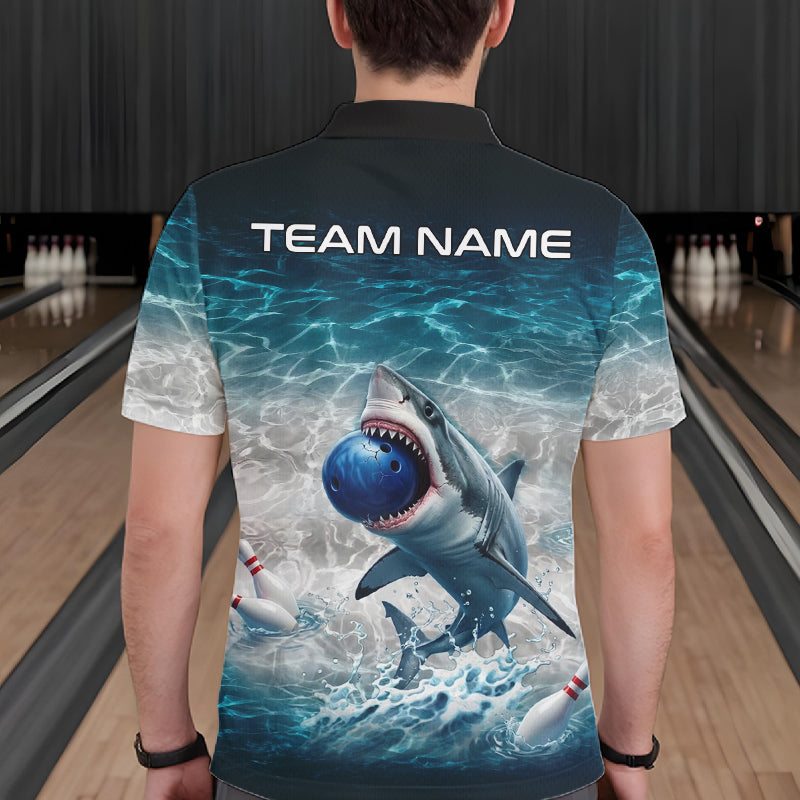 Blue Waving Funny Shark Bowling Polo Quarter-Zip Shirts For Men Custom Shark Bowling Team Jersey NYN4249