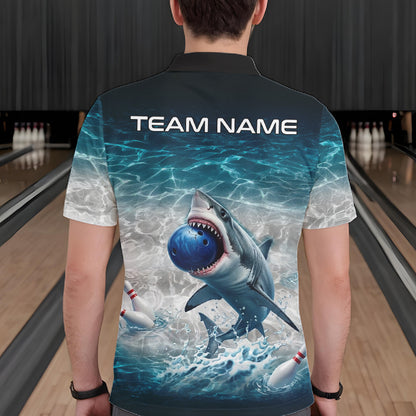 Blue Waving Funny Shark Bowling Polo Quarter-Zip Shirts For Men Custom Shark Bowling Team Jersey NYN4249