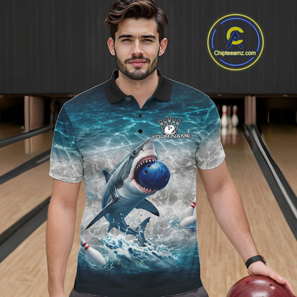 Blue Waving Funny Shark Bowling Polo Quarter-Zip Shirts For Men Custom Shark Bowling Team Jersey NYN4249