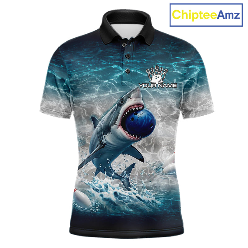 Blue Waving Funny Shark Bowling Polo Quarter-Zip Shirts For Men Custom Shark Bowling Team Jersey NYN4249