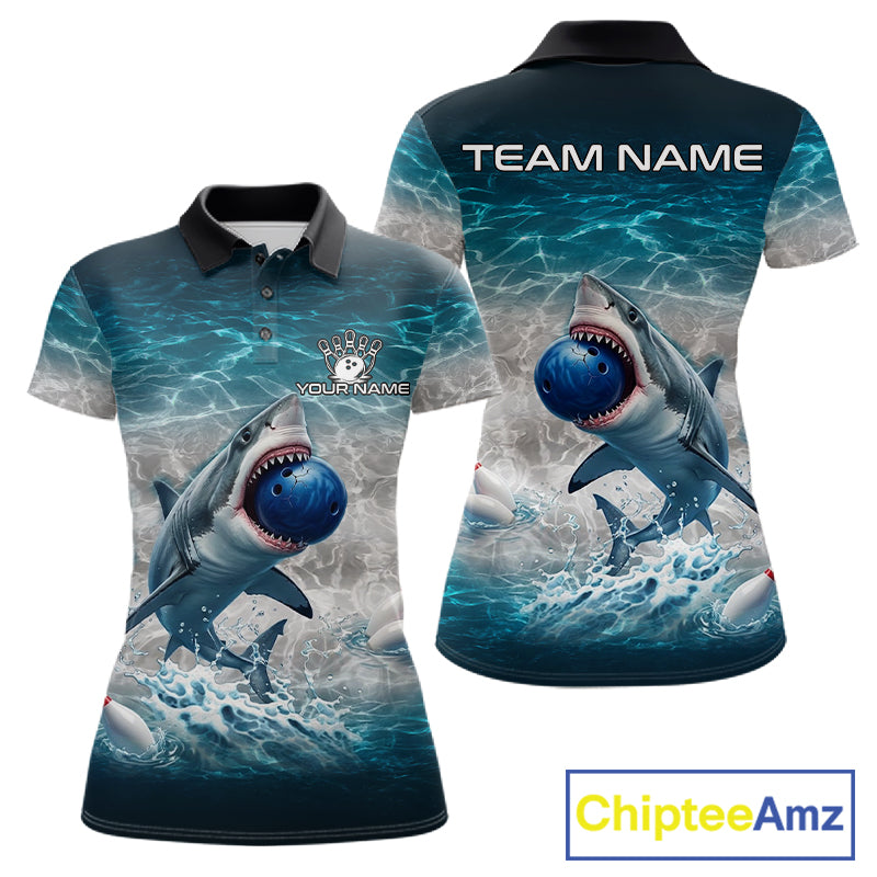 Blue Waving Funny Shark Bowling Polo Quarter-Zip Shirts For Women Custom Shark Bowling Team Jersey NYN4249