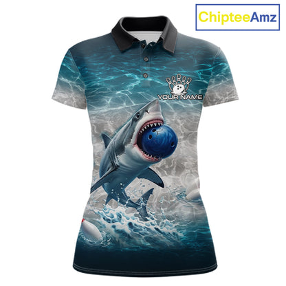Blue Waving Funny Shark Bowling Polo Quarter-Zip Shirts For Women Custom Shark Bowling Team Jersey NYN4249