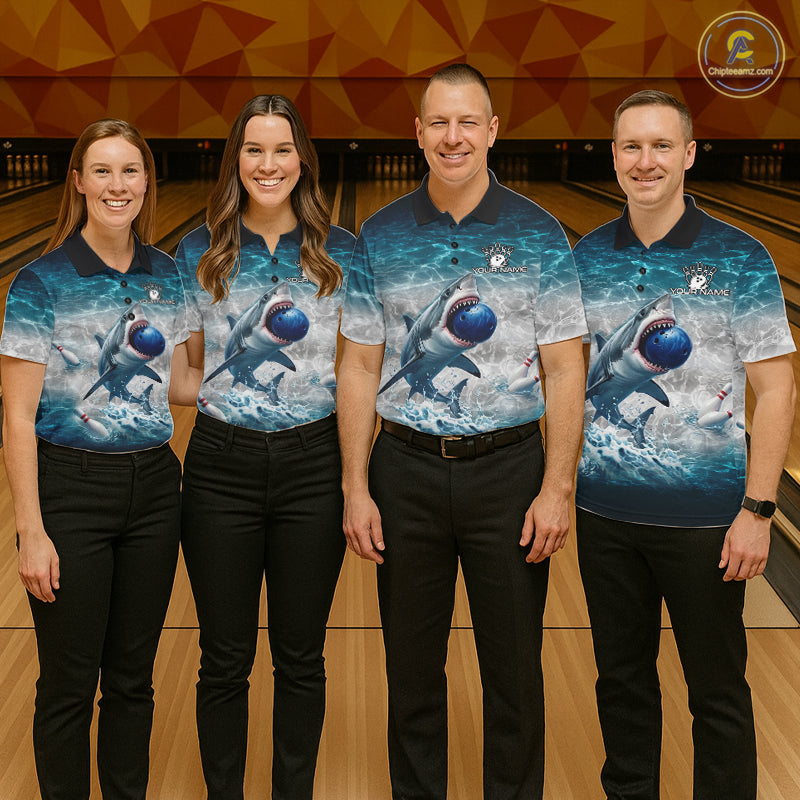 Blue Waving Funny Shark Bowling Polo Quarter-Zip Shirts For Men Custom Shark Bowling Team Jersey NYN4249