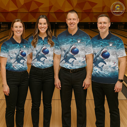 Blue Waving Funny Shark Bowling Polo Quarter-Zip Shirts For Men Custom Shark Bowling Team Jersey NYN4249