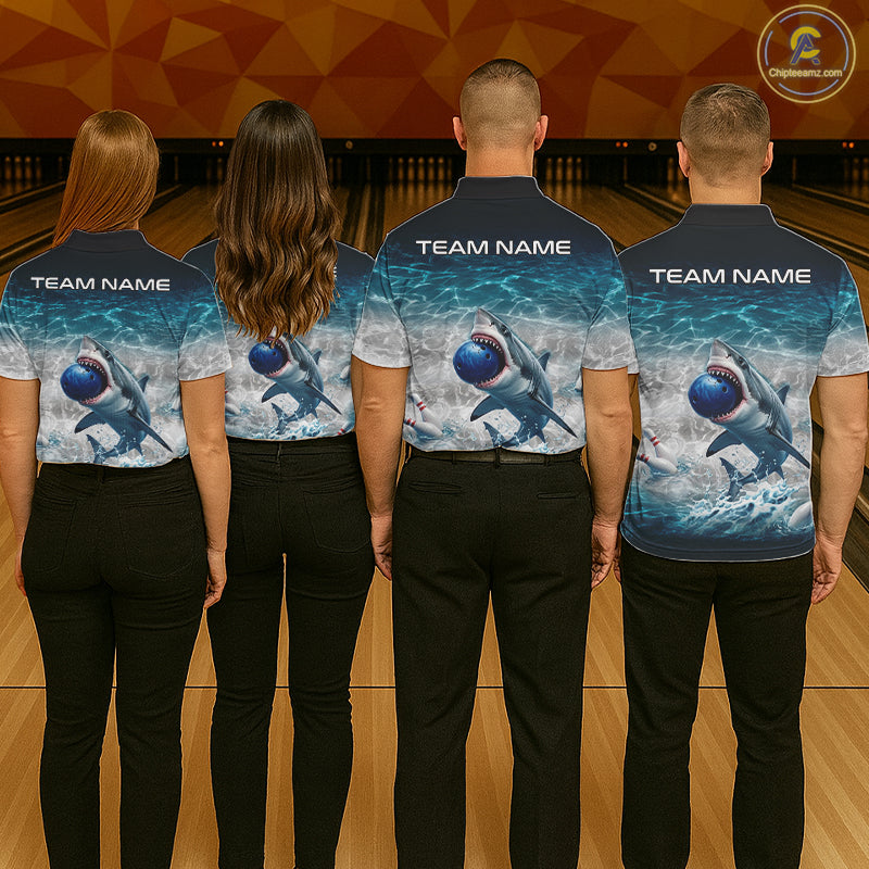Blue Waving Funny Shark Bowling Polo Quarter-Zip Shirts For Men Custom Shark Bowling Team Jersey NYN4249