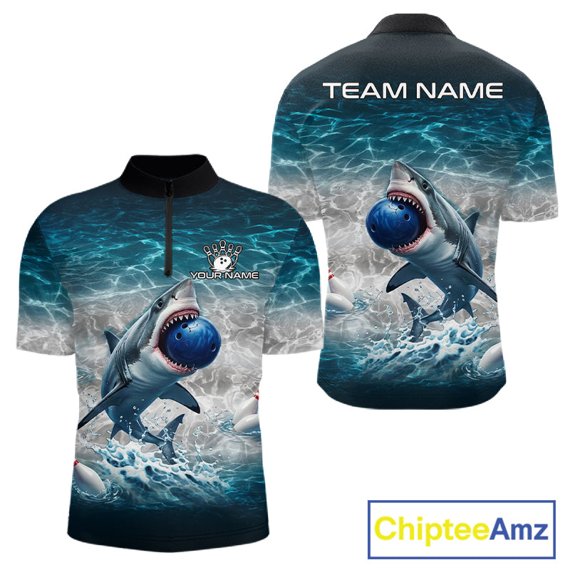 Blue Waving Funny Shark Bowling Polo Quarter-Zip Shirts For Men Custom Shark Bowling Team Jersey NYN4249