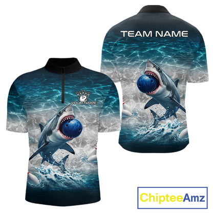 Blue Waving Funny Shark Bowling Polo Quarter-Zip Shirts For Men Custom Shark Bowling Team Jersey NYN4249