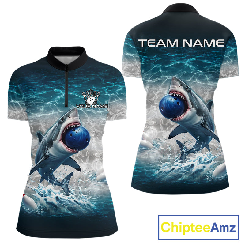 Blue Waving Funny Shark Bowling Polo Quarter-Zip Shirts For Women Custom Shark Bowling Team Jersey NYN4249