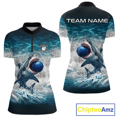 Blue Waving Funny Shark Bowling Polo Quarter-Zip Shirts For Women Custom Shark Bowling Team Jersey NYN4249