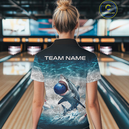 Blue Waving Funny Shark Bowling Polo Quarter-Zip Shirts For Women Custom Shark Bowling Team Jersey NYN4249