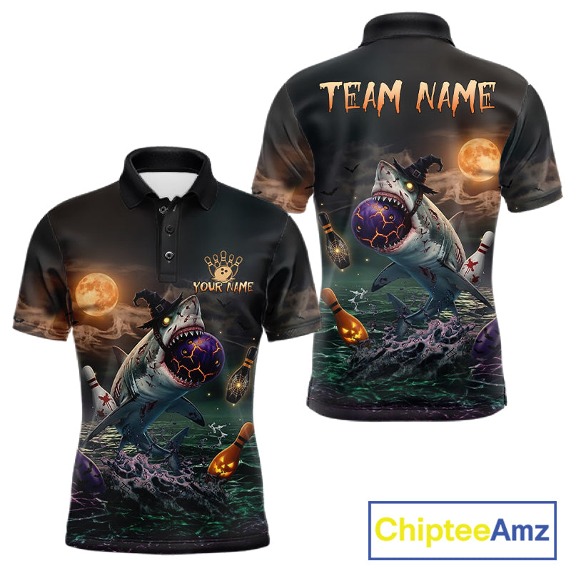 Funny Shark Halloween Bowling Polo Quarter-Zip Shirts For Men Custom Halloween Bowling Team Jersey NYN4250