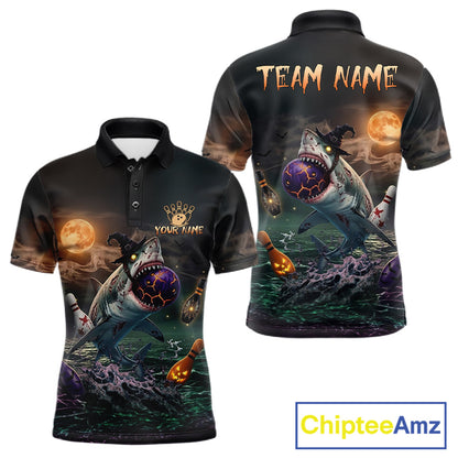 Funny Shark Halloween Bowling Polo Quarter-Zip Shirts For Men Custom Halloween Bowling Team Jersey NYN4250