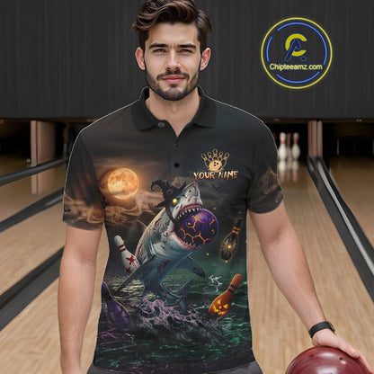 Funny Shark Halloween Bowling Polo Quarter-Zip Shirts For Men Custom Halloween Bowling Team Jersey NYN4250