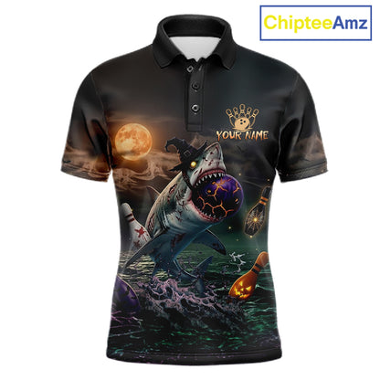 Funny Shark Halloween Bowling Polo Quarter-Zip Shirts For Men Custom Halloween Bowling Team Jersey NYN4250