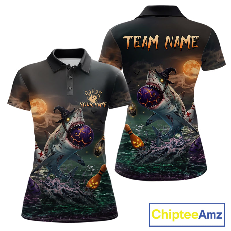 Funny Shark Halloween Bowling Polo Quarter-Zip Shirts For Women Custom Halloween Bowling Team Jersey NYN4250