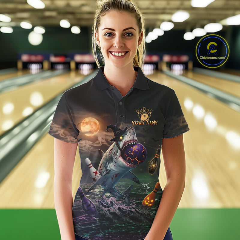 Funny Shark Halloween Bowling Polo Quarter-Zip Shirts For Women Custom Halloween Bowling Team Jersey NYN4250