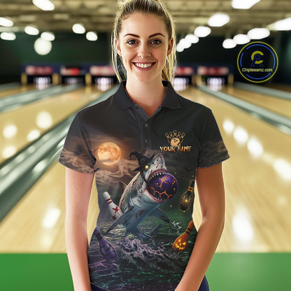 Funny Shark Halloween Bowling Polo Quarter-Zip Shirts For Women Custom Halloween Bowling Team Jersey NYN4250