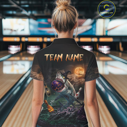 Funny Shark Halloween Bowling Polo Quarter-Zip Shirts For Women Custom Halloween Bowling Team Jersey NYN4250