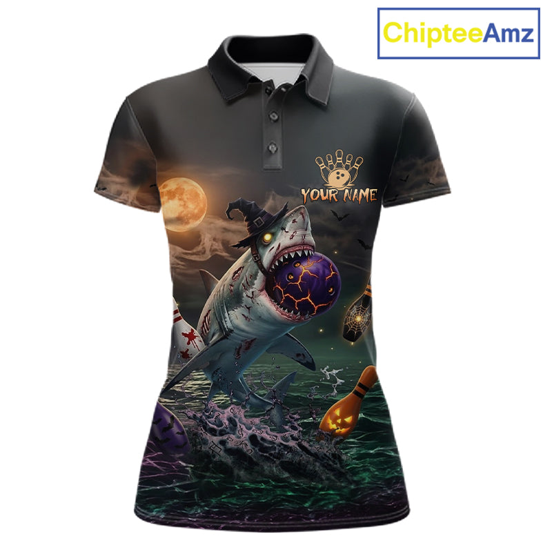 Funny Shark Halloween Bowling Polo Quarter-Zip Shirts For Women Custom Halloween Bowling Team Jersey NYN4250