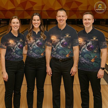 Funny Shark Halloween Bowling Polo Quarter-Zip Shirts For Men Custom Halloween Bowling Team Jersey NYN4250