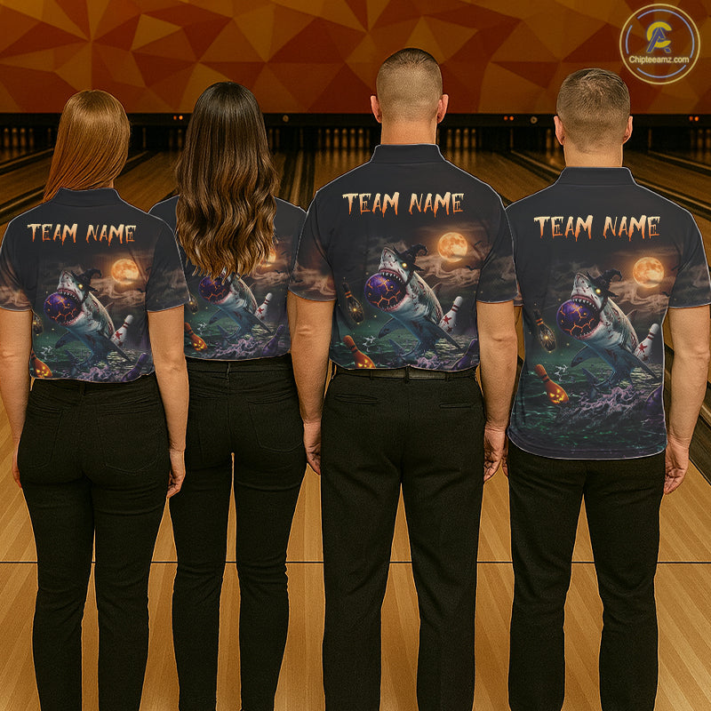 Funny Shark Halloween Bowling Polo Quarter-Zip Shirts For Men Custom Halloween Bowling Team Jersey NYN4250