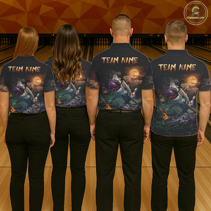 Funny Shark Halloween Bowling Polo Quarter-Zip Shirts For Men Custom Halloween Bowling Team Jersey NYN4250