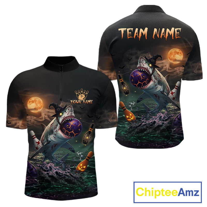 Funny Shark Halloween Bowling Polo Quarter-Zip Shirts For Men Custom Halloween Bowling Team Jersey NYN4250