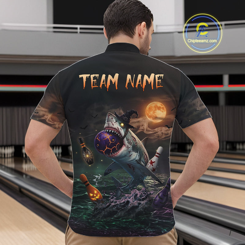 Funny Shark Halloween Bowling Polo Quarter-Zip Shirts For Men Custom Halloween Bowling Team Jersey NYN4250