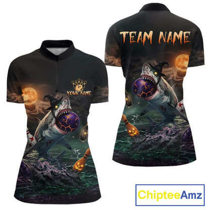 Funny Shark Halloween Bowling Polo Quarter-Zip Shirts For Women Custom Halloween Bowling Team Jersey NYN4250
