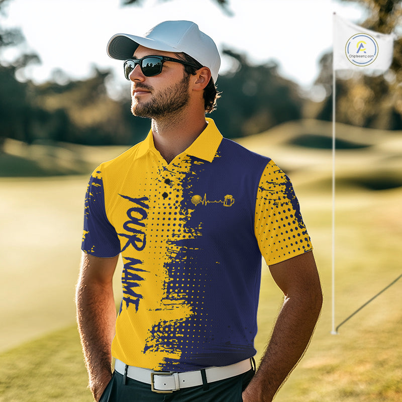 Blue & Yellow Mens Golf Beer Polo Shirt Personalized Name Golf Jersey Funny Golf Team Shirt NYN4674