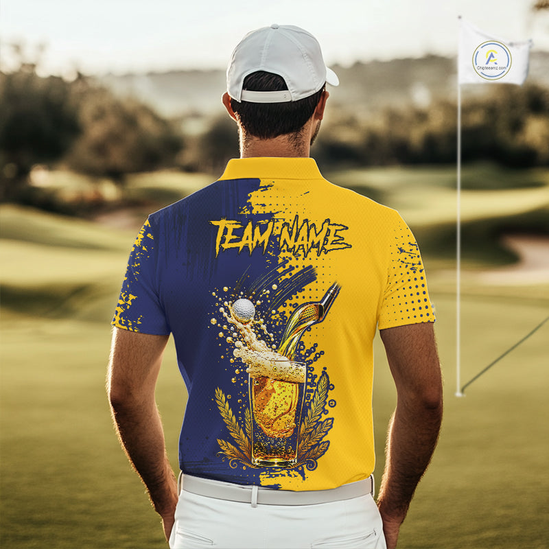 Blue & Yellow Mens Golf Beer Polo Shirt Personalized Name Golf Jersey Funny Golf Team Shirt NYN4674