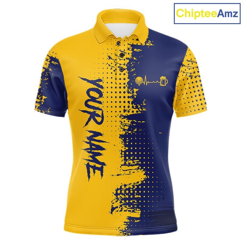 Blue & Yellow Mens Golf Beer Polo Shirt Personalized Name Golf Jersey Funny Golf Team Shirt NYN4674