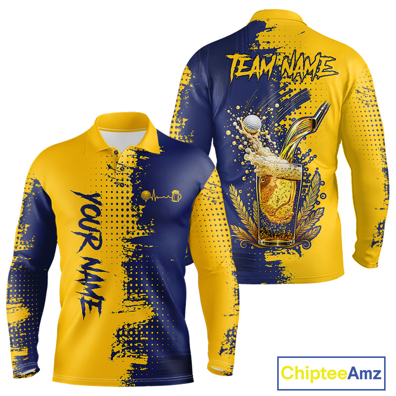 Blue & Yellow Mens Golf Beer Polo Shirt Personalized Name Golf Jersey Funny Golf Team Shirt NYN4674