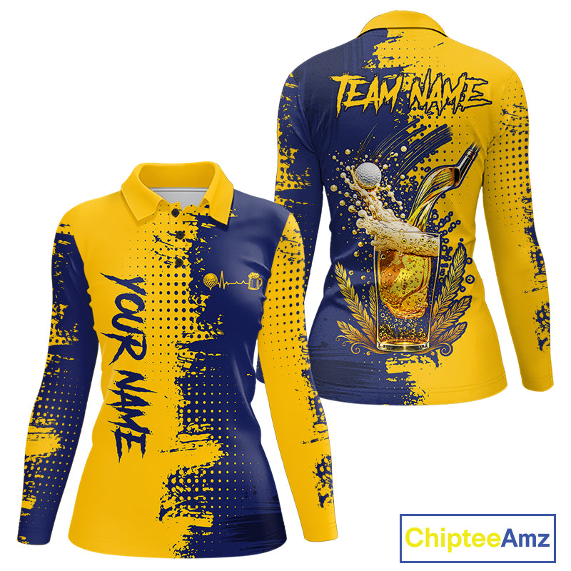 Blue & Yellow Womens Golf Beer Polo Shirt Personalized Name Golf Jersey Funny Golf Team Shirt NYN4674