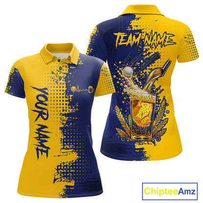 Blue & Yellow Womens Golf Beer Polo Shirt Personalized Name Golf Jersey Funny Golf Team Shirt NYN4674