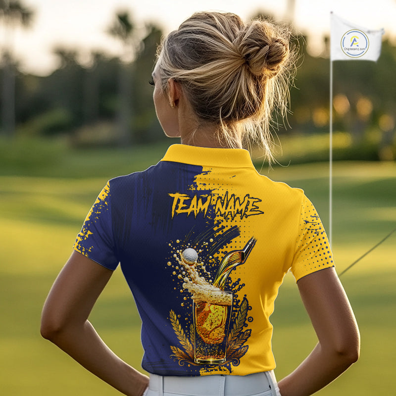 Blue & Yellow Womens Golf Beer Polo Shirt Personalized Name Golf Jersey Funny Golf Team Shirt NYN4674