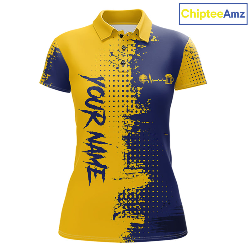 Blue & Yellow Womens Golf Beer Polo Shirt Personalized Name Golf Jersey Funny Golf Team Shirt NYN4674