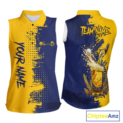 Blue & Yellow Womens Golf Beer Sleeveless Polo Shirt Personalized Name Golf Jersey Funny Golf Team Shirt NYN4674
