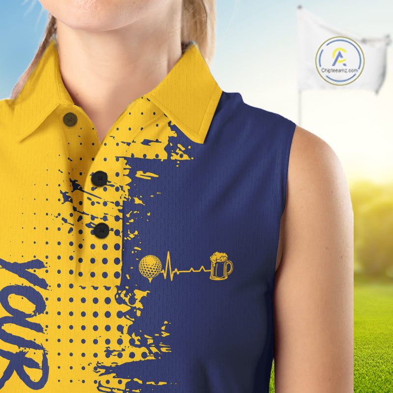 Blue & Yellow Womens Golf Beer Sleeveless Polo Shirt Personalized Name Golf Jersey Funny Golf Team Shirt NYN4674