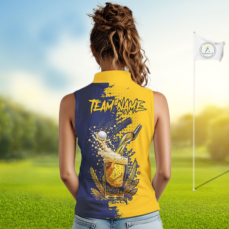 Blue & Yellow Womens Golf Beer Sleeveless Polo Shirt Personalized Name Golf Jersey Funny Golf Team Shirt NYN4674