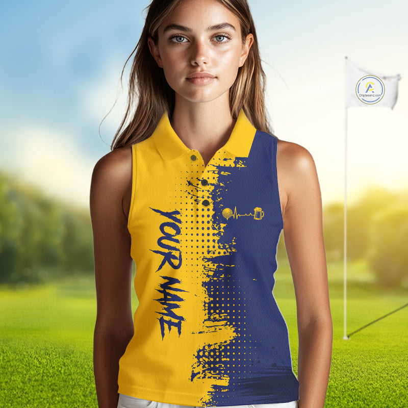 Blue & Yellow Womens Golf Beer Sleeveless Polo Shirt Personalized Name Golf Jersey Funny Golf Team Shirt NYN4674