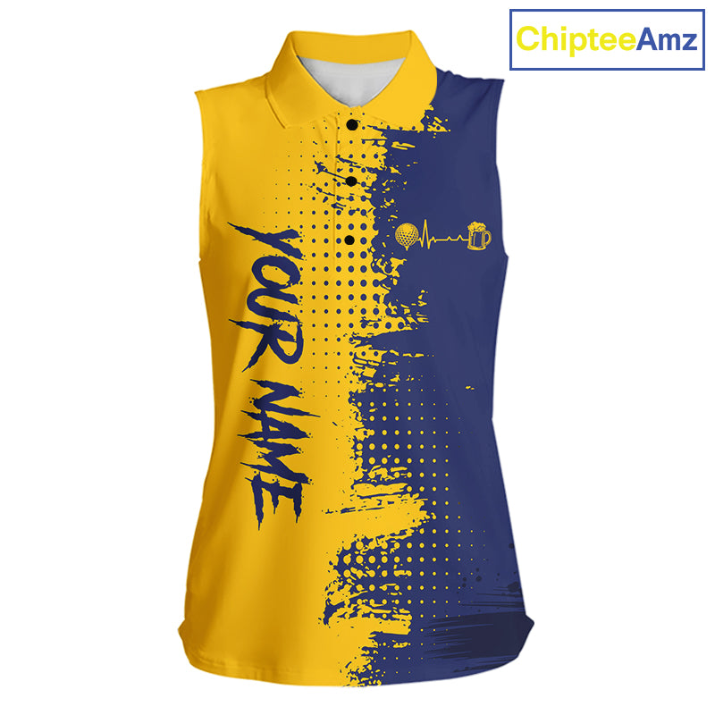 Blue & Yellow Womens Golf Beer Sleeveless Polo Shirt Personalized Name Golf Jersey Funny Golf Team Shirt NYN4674