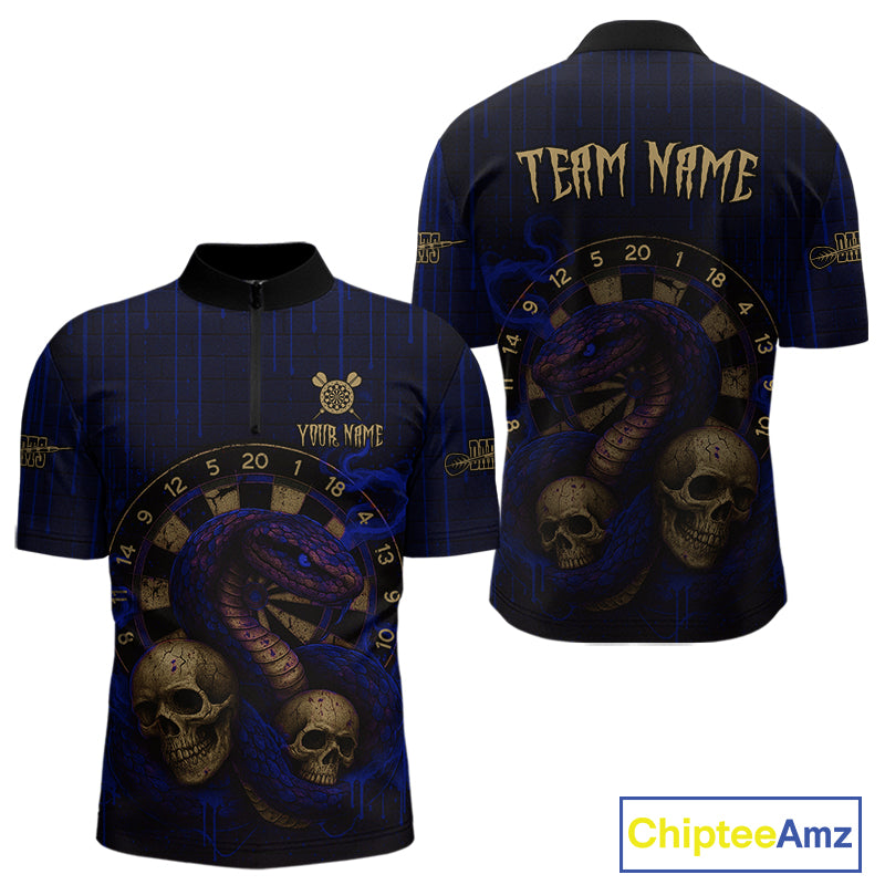 Blue Dripping Cobra Dartboard Custom Men's Quarter-Zip Darts Shirt Grunge Skull Darts Jersey NYN1798